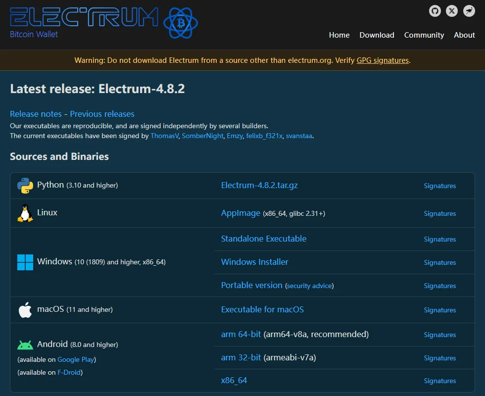 Electrum 官網下載頁截圖：頂端黃色警告「不要從 electrum.org 以外的來源下載 Electrum，並驗證 GPG 簽名」，下方列出 4.8.2 版 Python、Linux、Windows、macOS 與 Android 安裝檔，每列右側都有 Signatures 連結