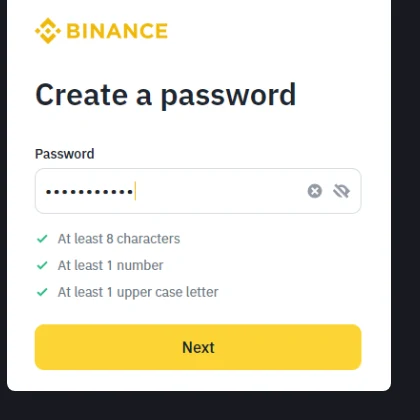 Binance 官方教學中的 Create a password 真實介面,顯示最低字元、數字與大寫字母要求