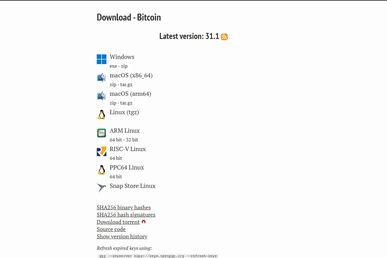 bitcoincore.org-এর ইংরেজি ডাউনলোড পাতার স্ক্রিনশট, যেখানে সর্বশেষ সংস্করণ 31.1-এর বিভিন্ন প্ল্যাটফর্মের ফাইল এবং SHA256 binary hashes ও SHA256 hash signatures লিংক দেখা যাচ্ছে