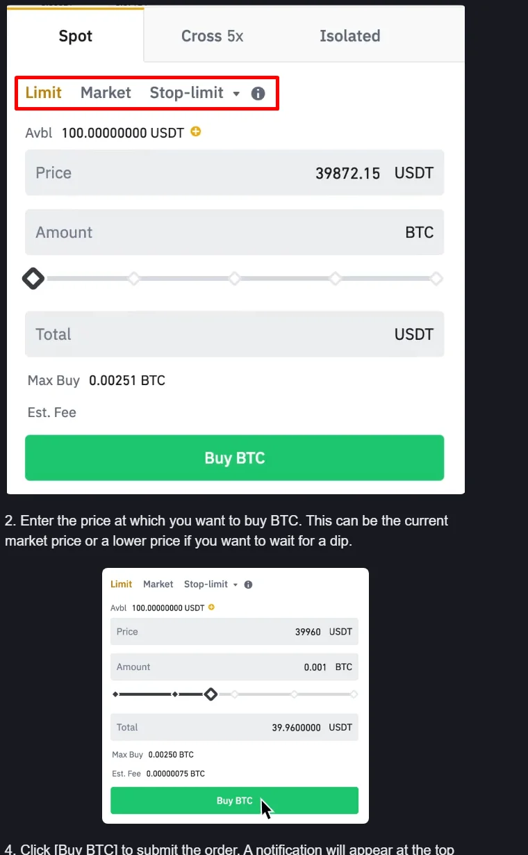 Binance Academy 官方限價單面板,顯示 Limit、Price、Amount、Total 與 Buy BTC 欄位