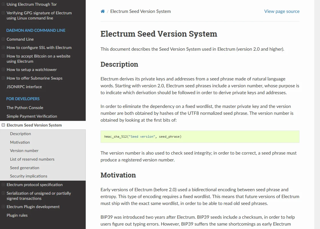 Electrum-এর অফিসিয়াল ডকুমেন্টেশনে Electrum Seed Version System পাতা, যেখানে Description অংশে ২.০ ভার্সন থেকে সিড ফ্রেজে ভার্সন নম্বর থাকার কথা এবং Motivation অংশে BIP39 সিডে চেকসাম থাকার কথা লেখা আছে