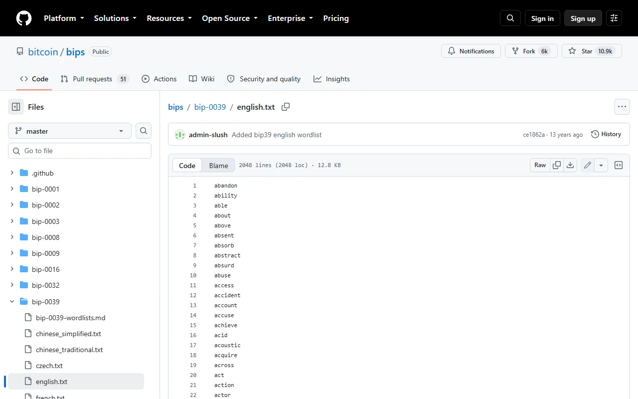 GitHub-এ bip-0039/english.txt ফাইলের পাতা, যেখানে 2048 lines (2048 loc), 12.8 KB লেখা এবং abandon, ability, able, about ক্রমে শব্দগুলো সাজানো; বাঁ পাশের ফাইল তালিকায় chinese_simplified.txt, chinese_traditional.txt, czech.txt, french.txt ইত্যাদি অন্য ভাষার তালিকাও দেখা যাচ্ছে