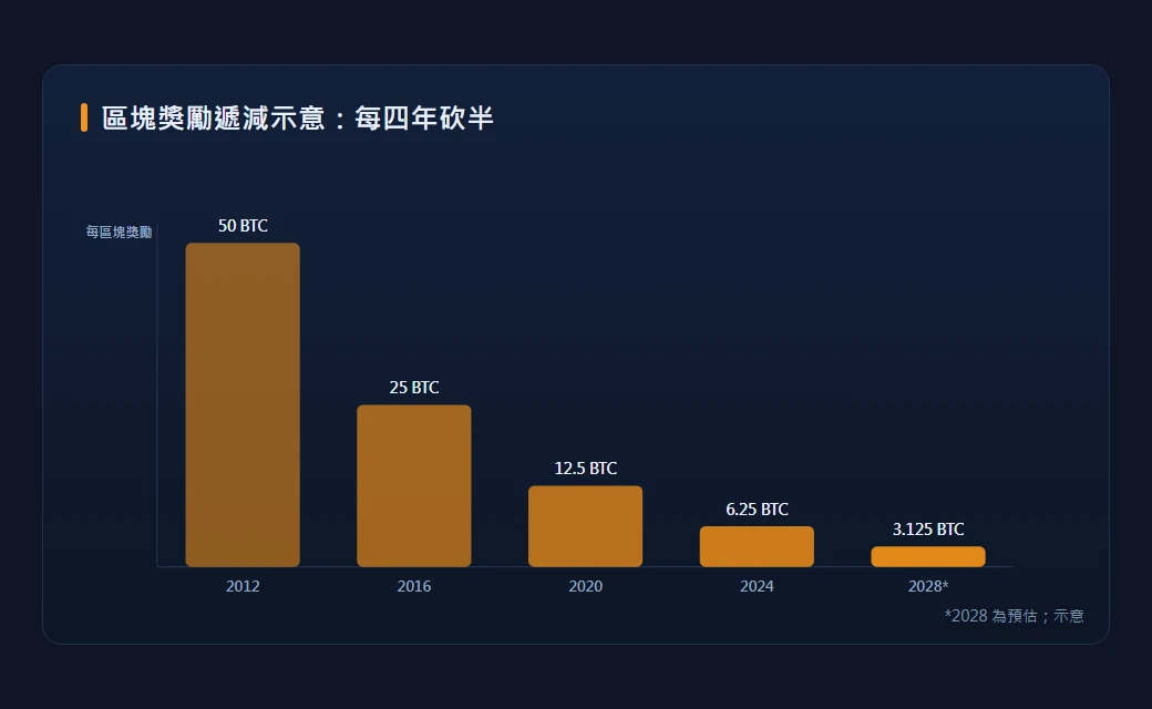 比特幣區塊獎勵階梯下降示意圖：柱狀圖顯示每次減半後每區塊獎勵從50依序減半