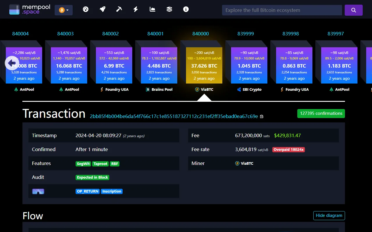 mempool.space 公開 Bitcoin 歷史交易頁,顯示 TxID、區塊 840000、確認數、時間及手續費;並非使用者充值紀錄