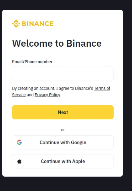 Binance 官方教學中的 Welcome to Binance 真實註冊介面,包含 Email/手機、Google 與 Apple 選項