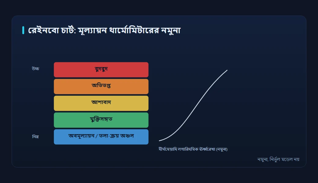 রেইনবো রঙিন ব্যান্ড থার্মোমিটার চিত্র, নীল অবমূল্যায়ন অঞ্চল থেকে লাল অতিতপ্ত অঞ্চল পর্যন্ত ভাগ করা লেবেলসহ