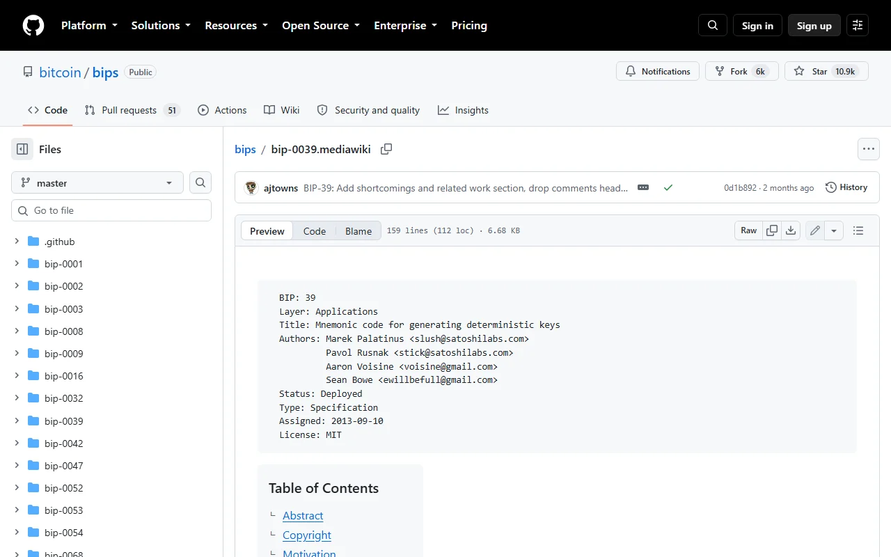 GitHub-এ bitcoin/bips রিপোজিটরির bip-0039.mediawiki ফাইলের পাতা, যেখানে হেডারে BIP: 39, Title: Mnemonic code for generating deterministic keys, Status: Deployed এবং Type: Specification দেখা যাচ্ছে