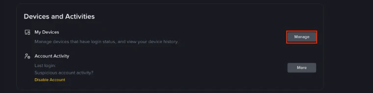 Binance 官方教學中的 Devices and Activities 真實介面，包含 My Devices、Account Activity 與停用帳戶入口