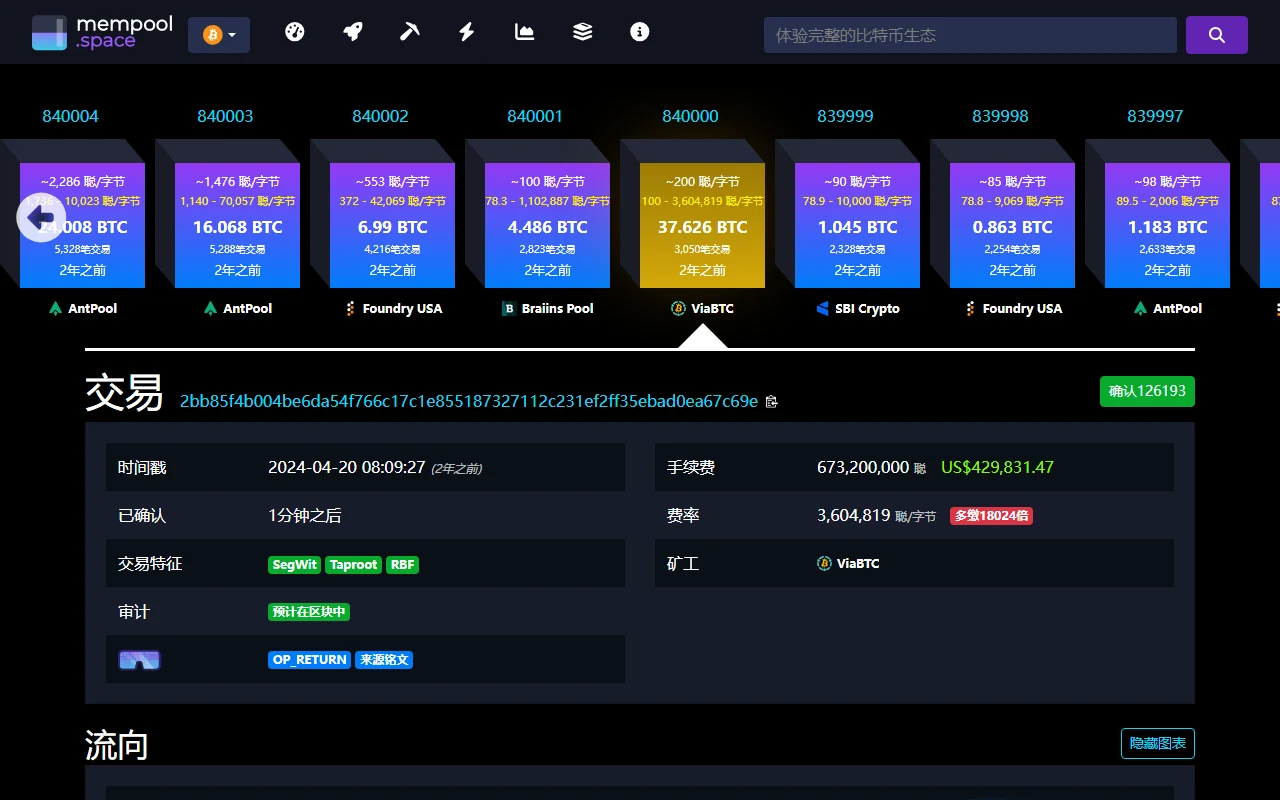 mempool.space 公開 Bitcoin 歷史交易頁,顯示 TxID、區塊 840000、確認數、時間及手續費;並非使用者充值紀錄