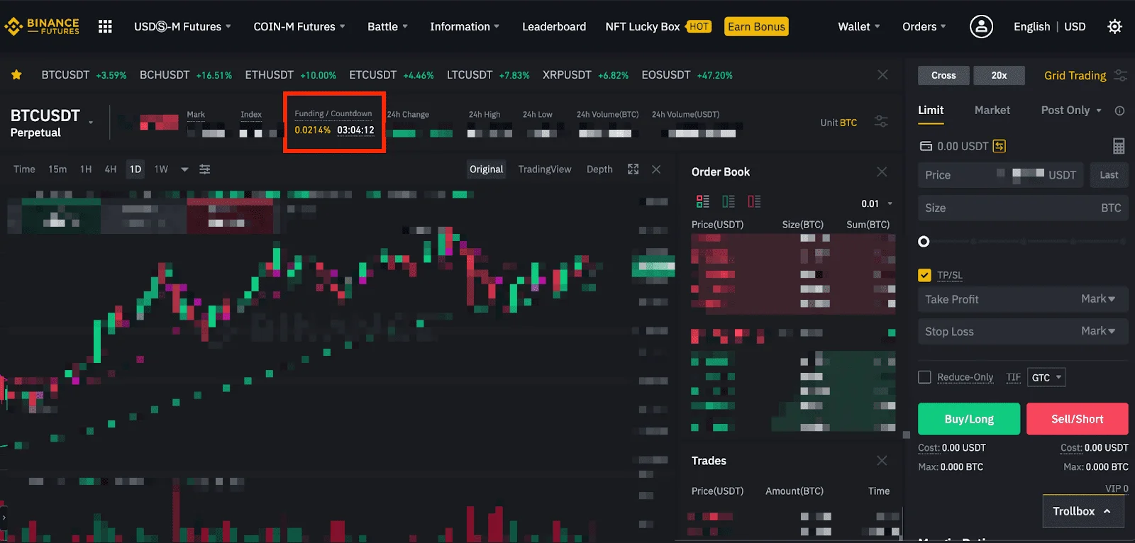 Binance USDⓈ-M futures ইন্টারফেস, লাল বক্সে BTCUSDT perpetual-এর Funding / Countdown ঘর, তাতে 0.0214% এবং পরের সেটেলমেন্ট পর্যন্ত 03:04:12 দেখাচ্ছে