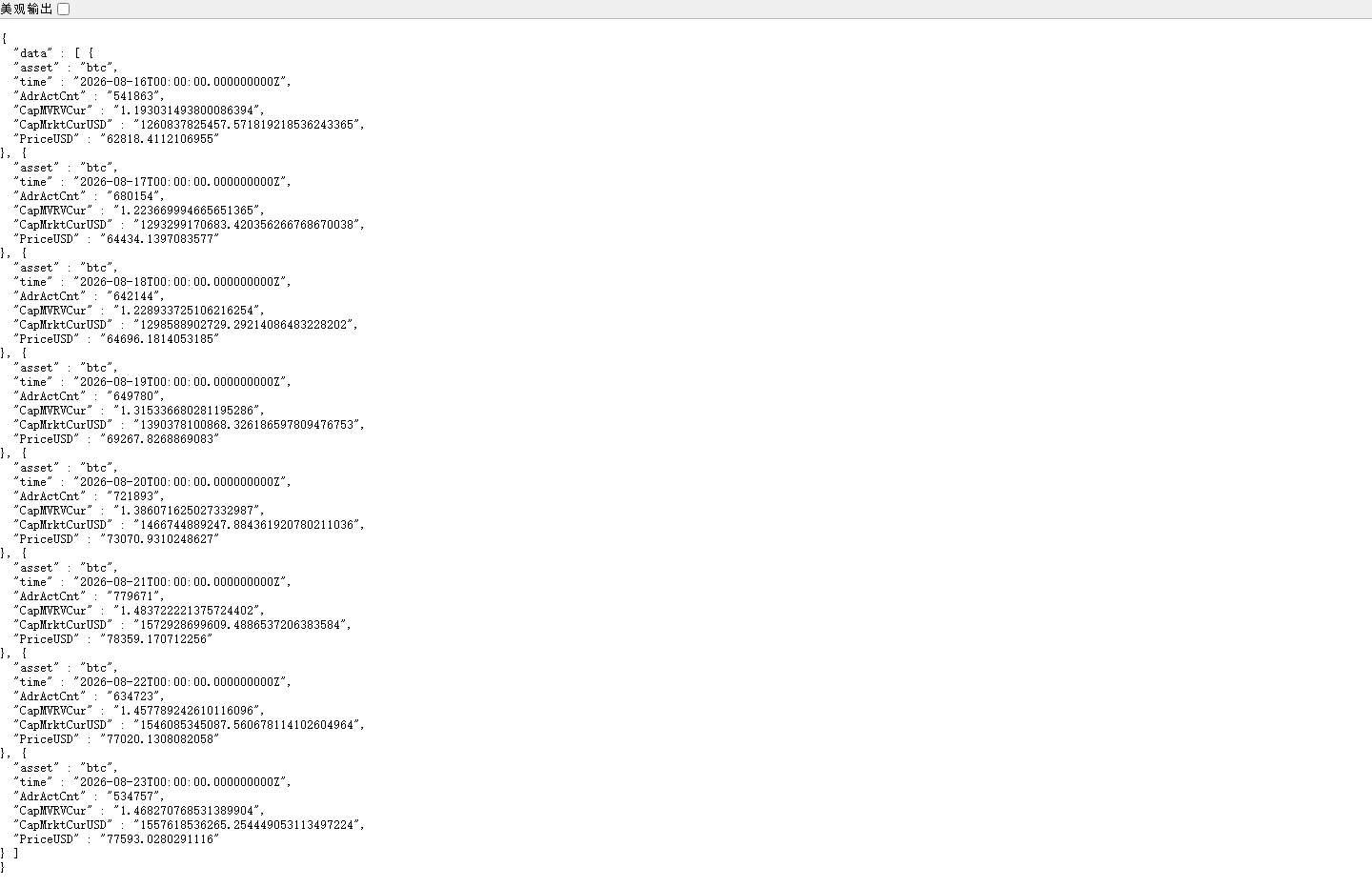 Coin Metrics Community API 的真實 JSON 回傳,逐日顯示 BTC 的 CapMVRVCur、CapMrktCurUSD、PriceUSD 與 AdrActCnt