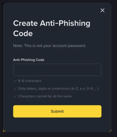 Binance 官方教學中的 Create Anti-Phishing Code 真實介面，顯示防釣魚碼輸入欄；畫面規則屬截圖當時版本