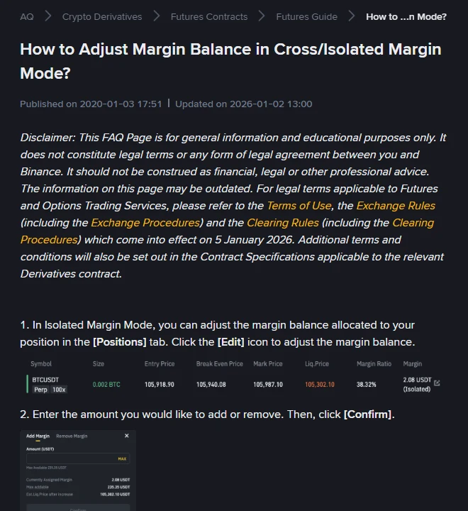 Binance 說明頁〈How to Adjust Margin Balance in Cross/Isolated Margin Mode?〉英文版截圖,頁面顯示更新於 2026-01-02,示範圖中一筆 BTCUSDT 倉位的保證金欄位標示 Isolated,旁邊有編輯圖示