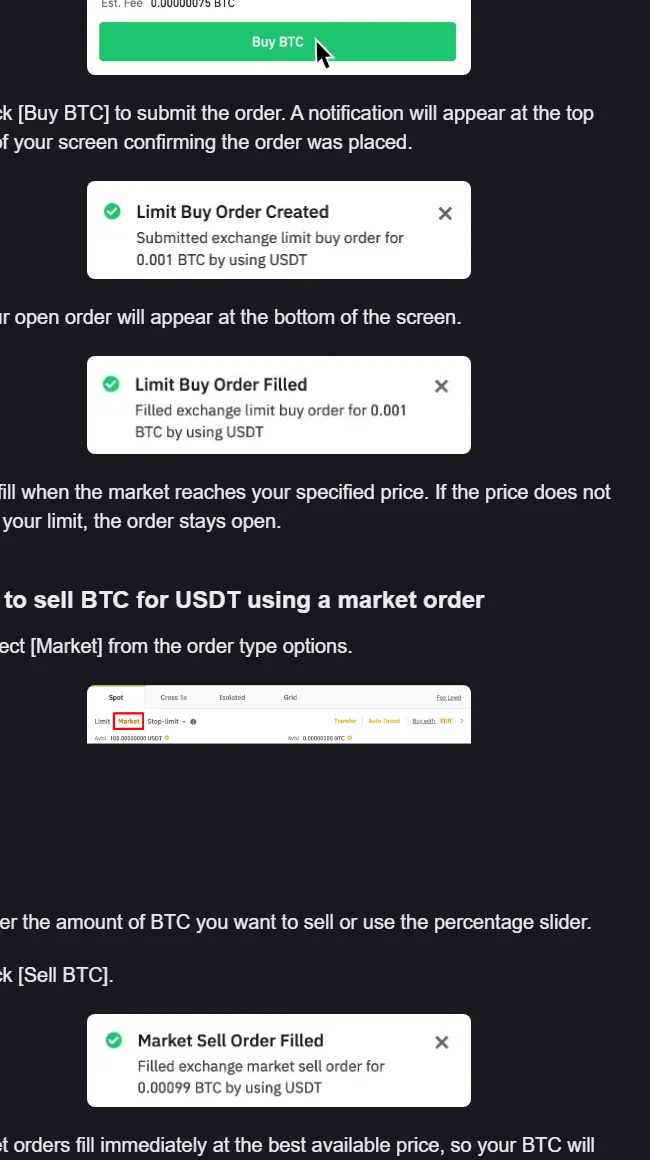 Binance Academy 官方訂單通知,顯示限價買單已建立、已成交與市價單成交提示