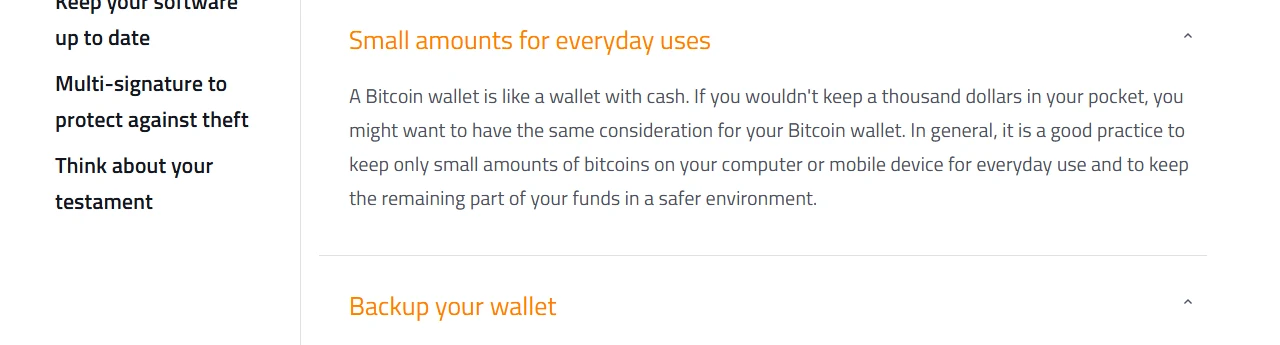 bitcoin.org-এর ইংরেজি Securing your wallet পাতার স্ক্রিনশট, যেখানে Small amounts for everyday uses অংশে দৈনন্দিন ব্যবহারে ফোন বা কম্পিউটারে অল্প বিটকয়েন রাখার পরামর্শ দেওয়া আছে